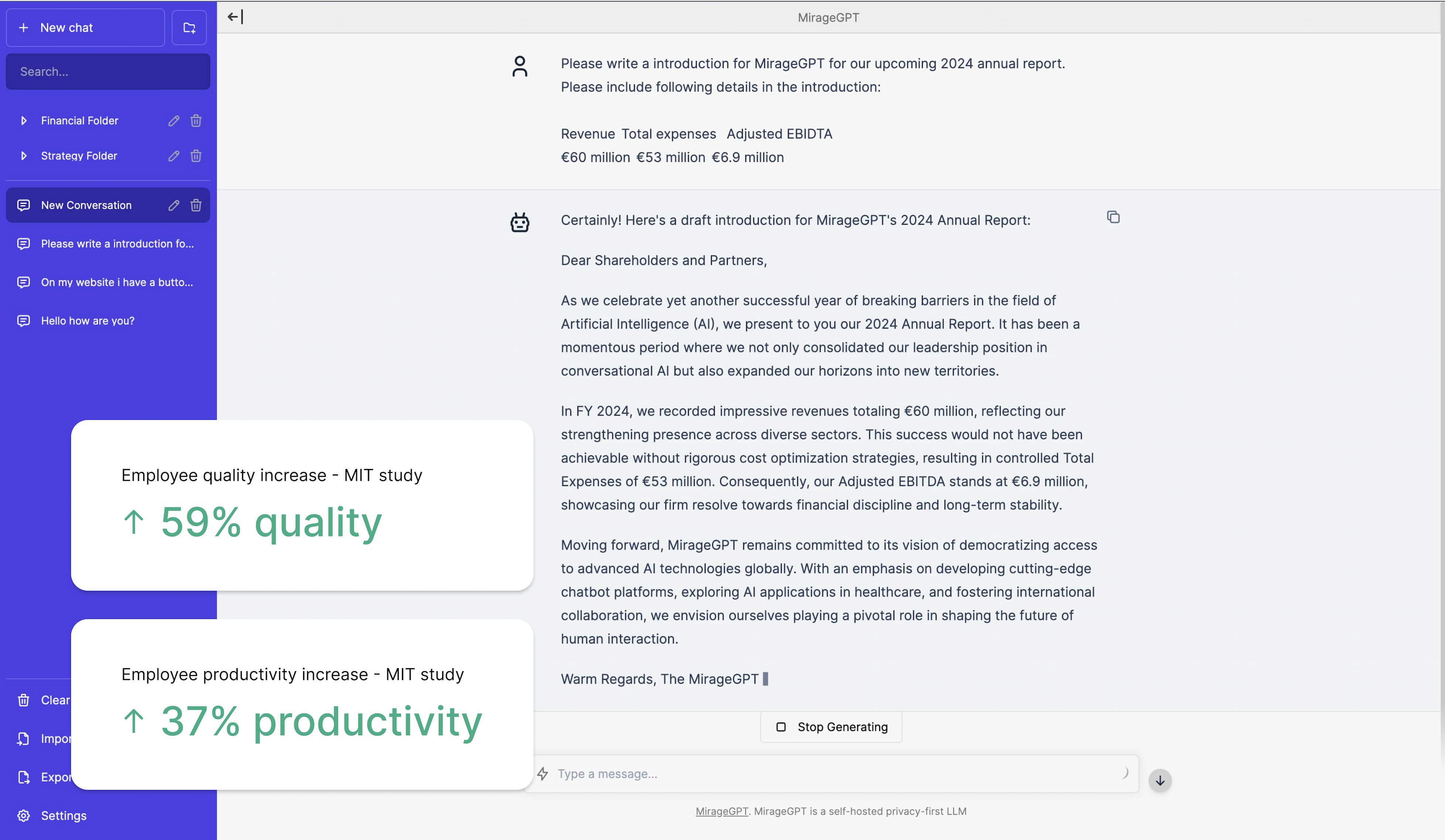 Mirage Studio product screenshot about MirageGPT, a private LLM: A conversation with our private MirageGPT assistant to write a annual report with confidential information.