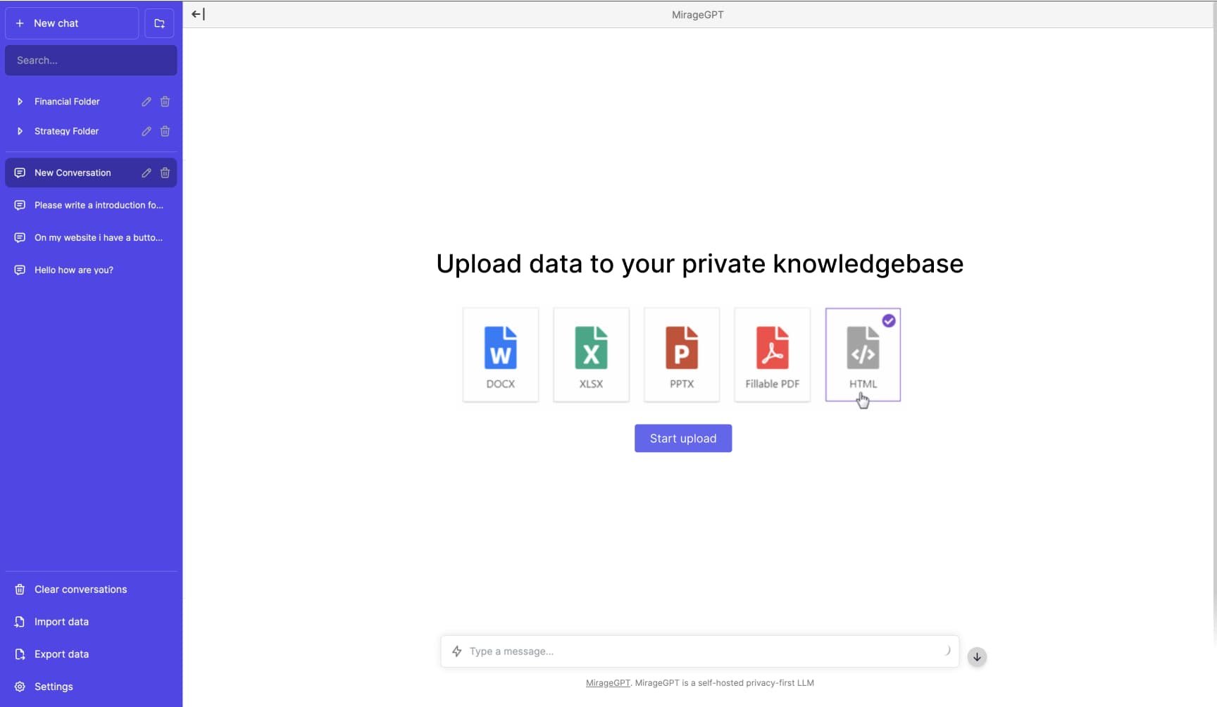 Mirage Studio product screenshot about our knowledgebase feature: Upload CSV, Excel, Docx, Powerpoint, PDF, HTML and more to your private knowledgebase and your private MirageGPT will use this in its answers.